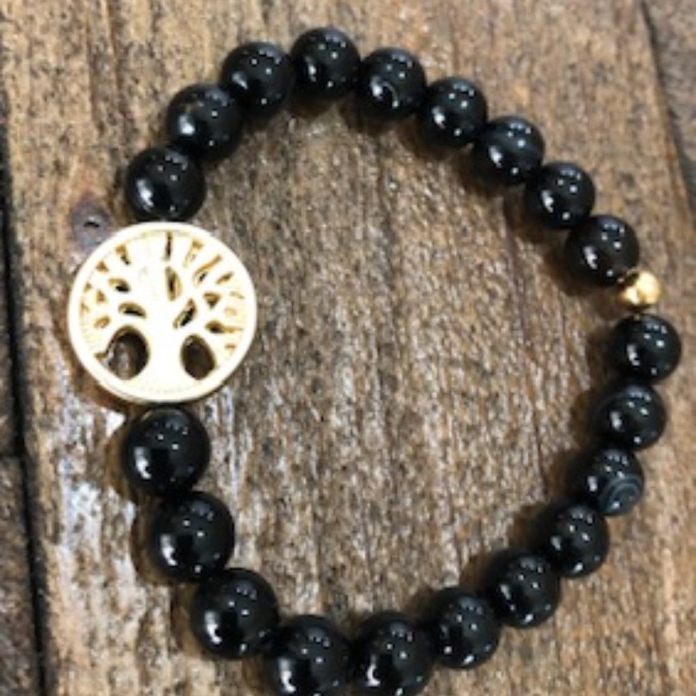 Black Onyx Bead Bracelet w/ Tree of Life